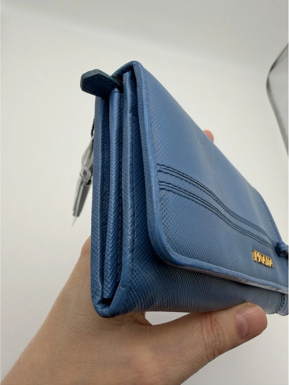 Authentic PRADA Blue Saffiano Leather Women Long Wallet Bow COA